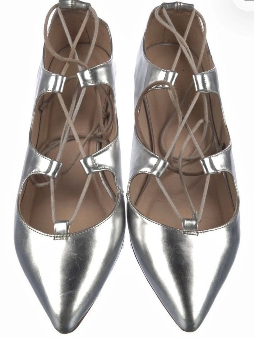 Loeffler Randall Silver Pointed-Toe Lace-Up Flats